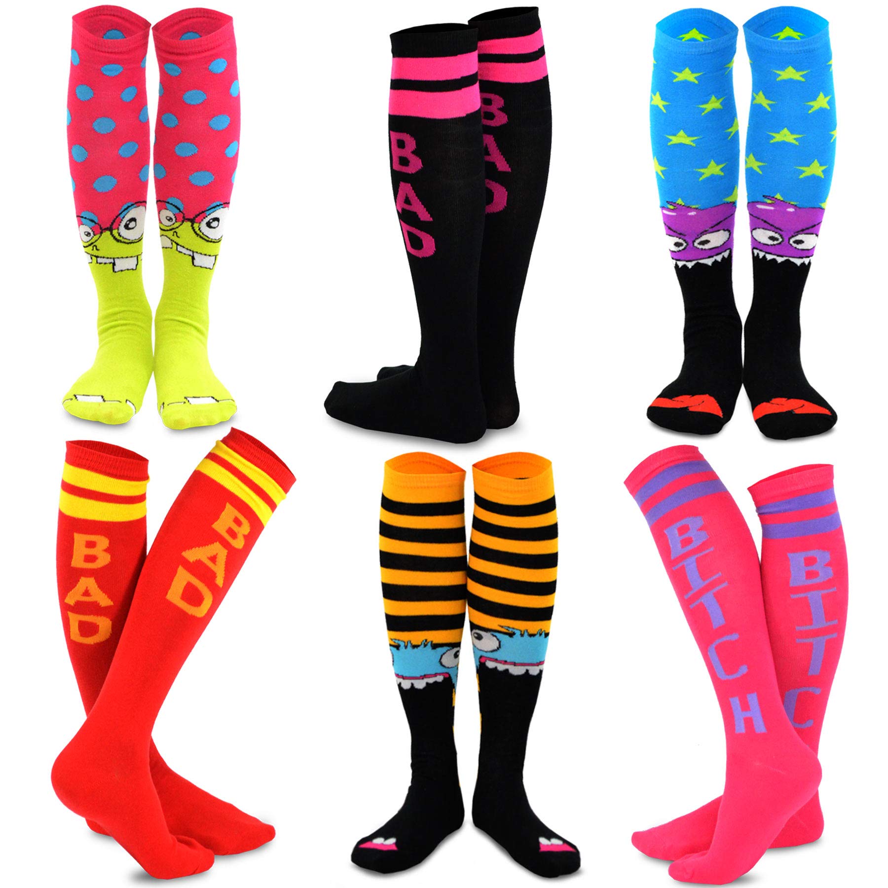 Novelty Knee High Fun Socks for Women and Junior Halloween 6-Pair (Monster & Bad Attitude)