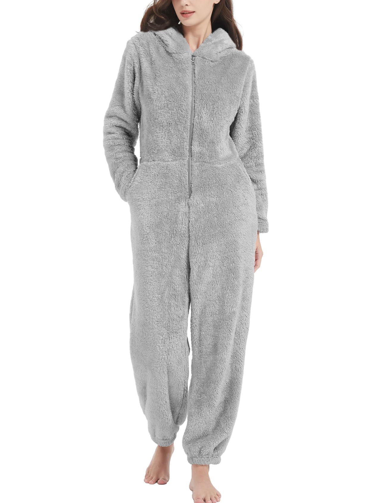 Kissonic Womens Onesie Pajamas Fleece Hooded Comfy One Piece Romper Fuzzy Sleepwear Homewear(Grey-S)
