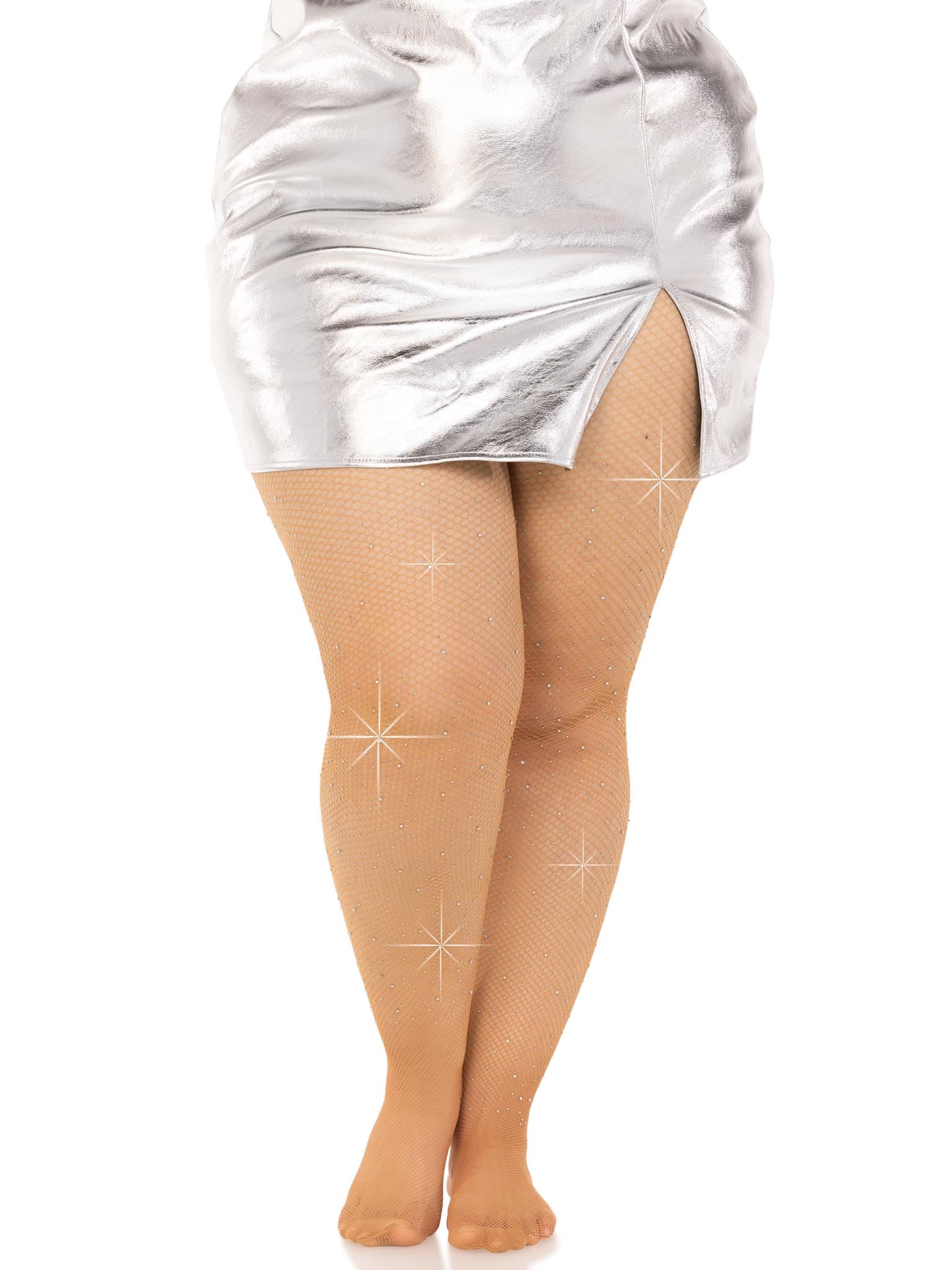 Fishnet crystalized tights with multi sized iridescent rhinestones.