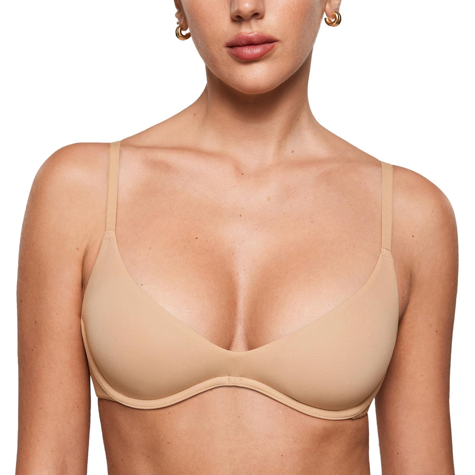 INLYRIC Womens Inbarely Plus Plunge Bra - Unlined Underwire Sexy Demi Balconette Bras Warm Beige 32A