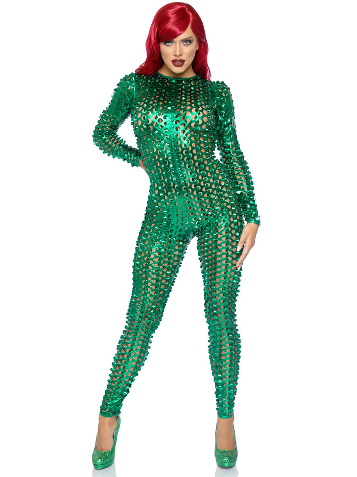 Laser Cut Metallic Catsuit. - X-Large / Green