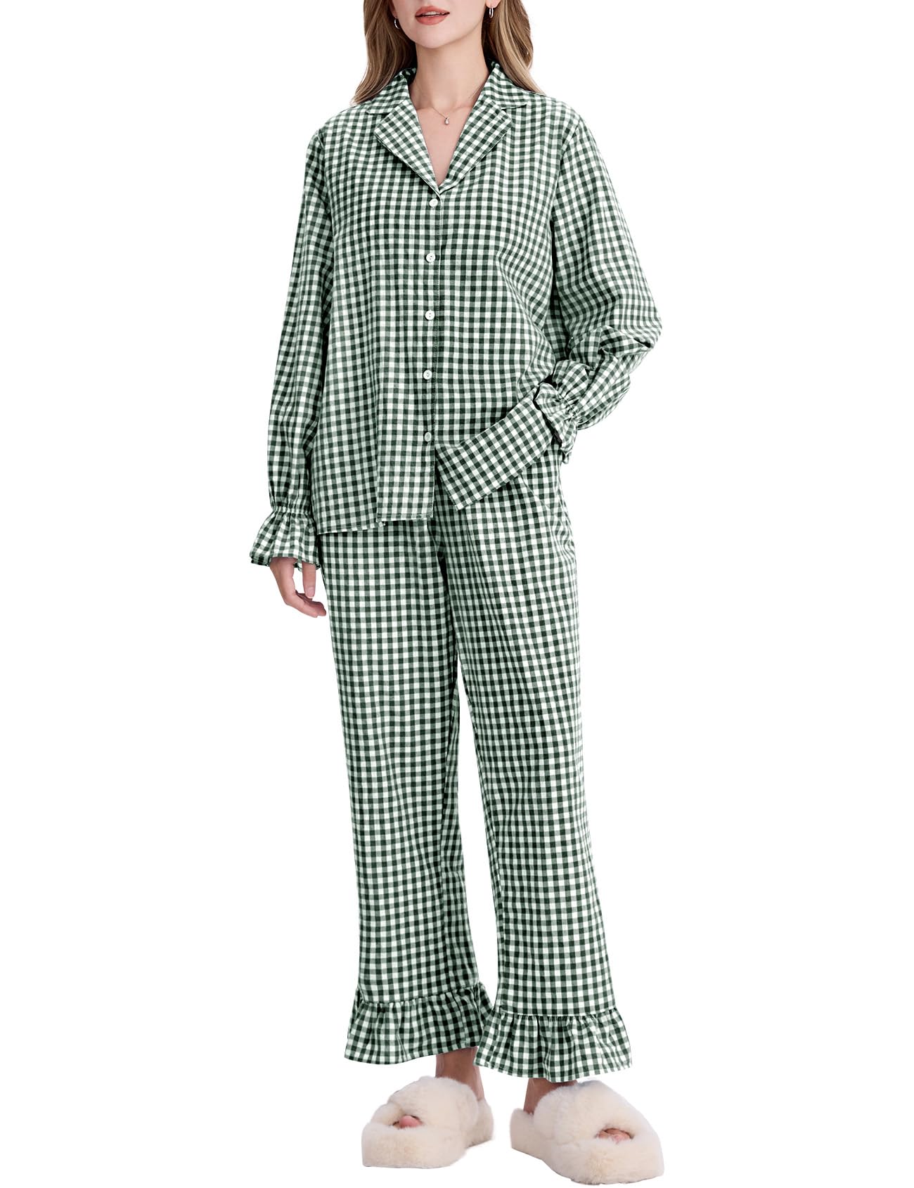 Kissonic Women Gingham Pajama Sets Cotton Long Sleeve Button Down Shirt and Pants Y2K Pjs Lounge Set Sleepwear(DarkGreen-M)