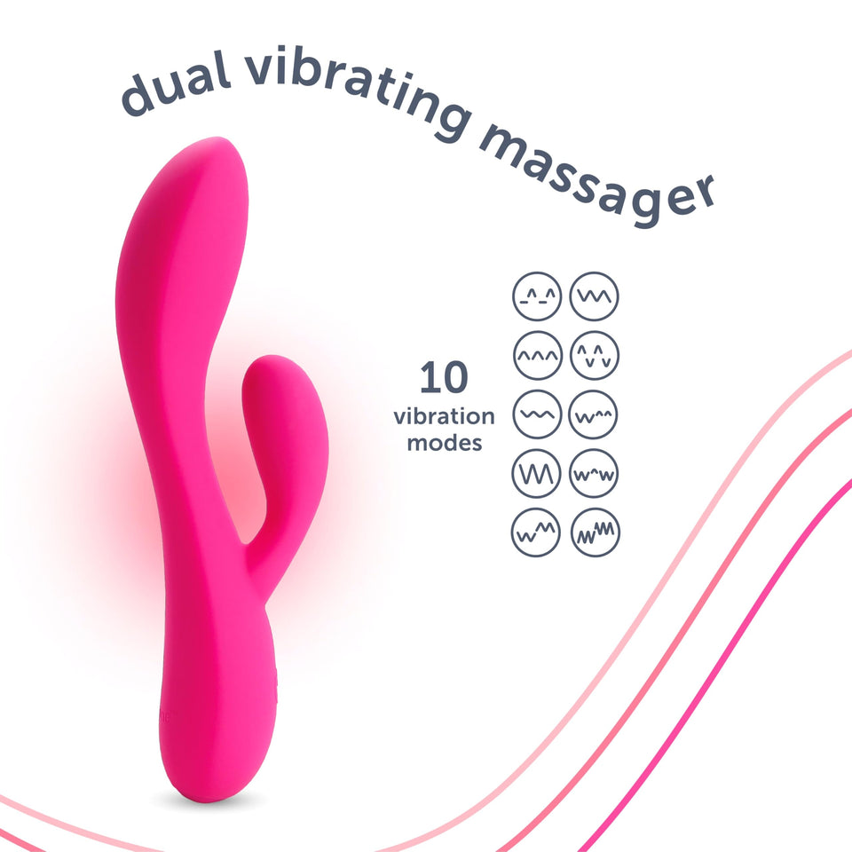 plusOne Dual Rabbit Vibrator Personal Massager, 10 Vibration Settings, Body-Safe Silicone, Waterproof, USB Rechargeable, for Wom