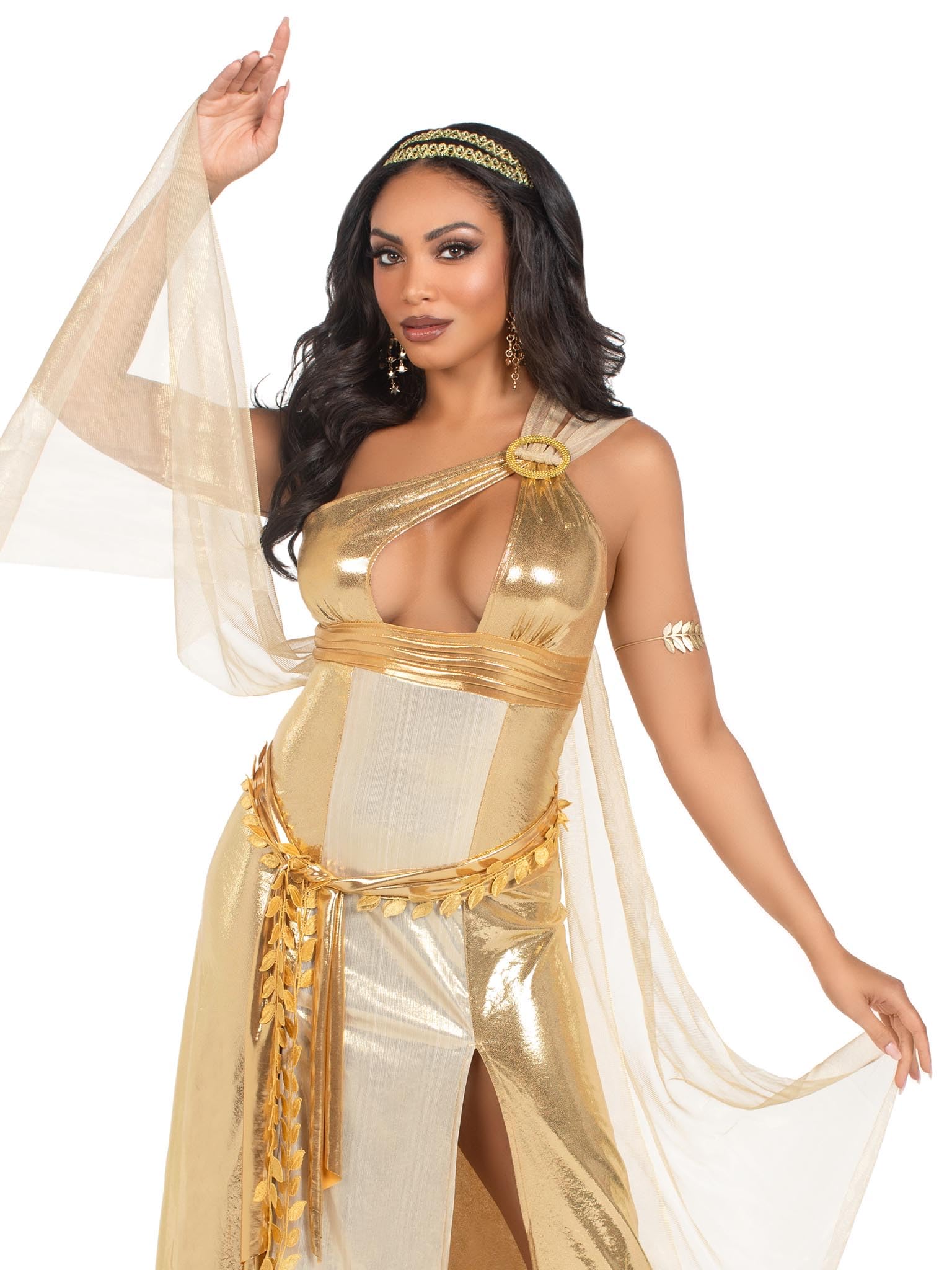3 PC Golden Goddess, includes asymmetrical shimmer dress with one-shoulder buckle accent and ribbon trim, attached iridescent dr