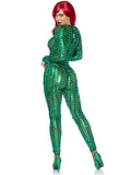 Laser Cut Metallic Catsuit. - X-Large / Green