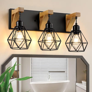 3-Light Farmhouse Bathroom Vanity Light Fixtures, Wood Bathroom Light Over Mirror, Rustic Sconces Wall Lighting With Elegant Met
