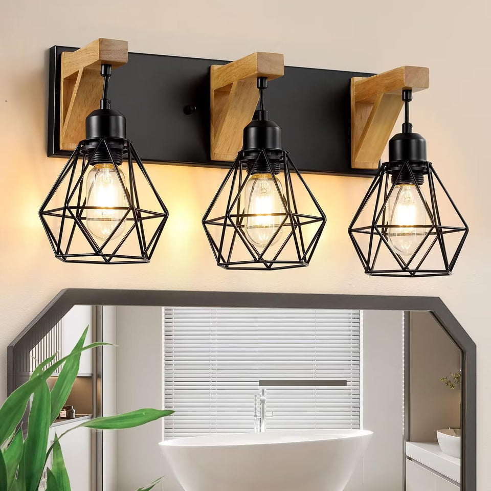 3-Light Farmhouse Bathroom Vanity Light Fixtures, Wood Bathroom Light Over Mirror, Rustic Sconces Wall Lighting With Elegant Met