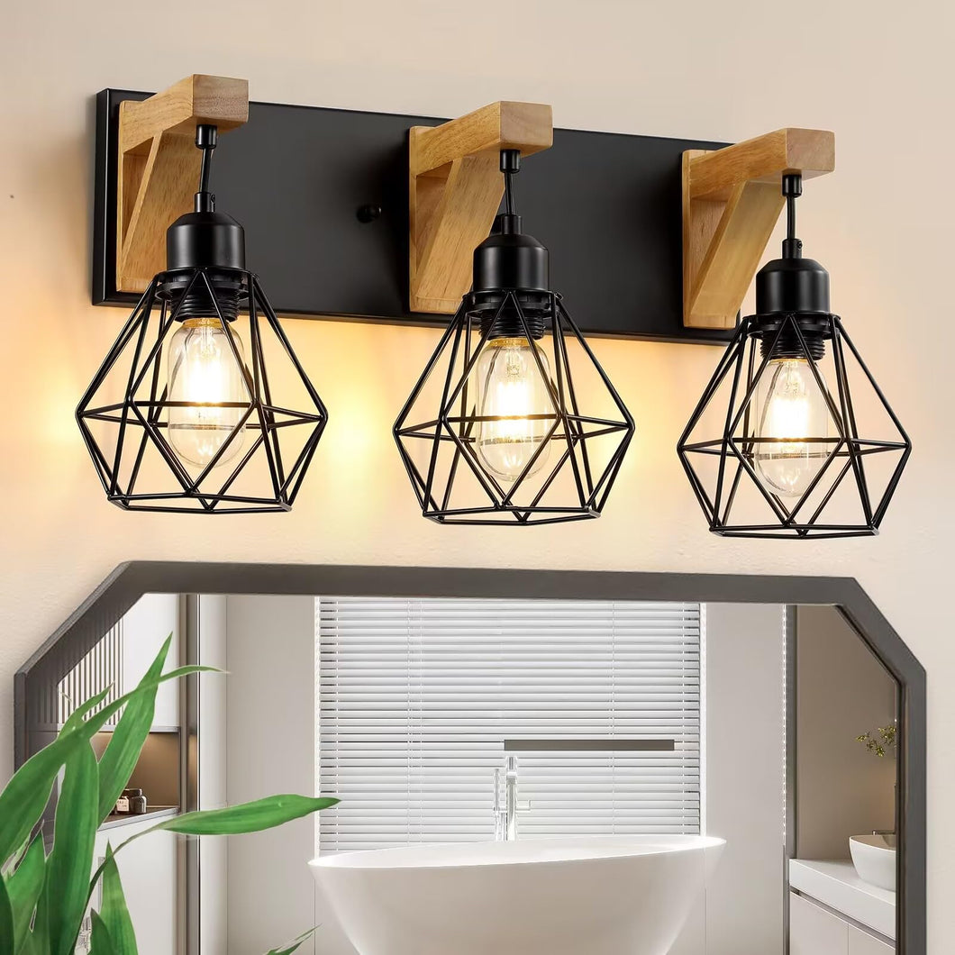 3-Light Farmhouse Bathroom Vanity Light Fixtures, Wood Bathroom Light Over Mirror, Rustic Sconces Wall Lighting With Elegant Met
