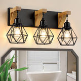 3-Light Farmhouse Bathroom Vanity Light Fixtures, Wood Bathroom Light Over Mirror, Rustic Sconces Wall Lighting With Elegant Met
