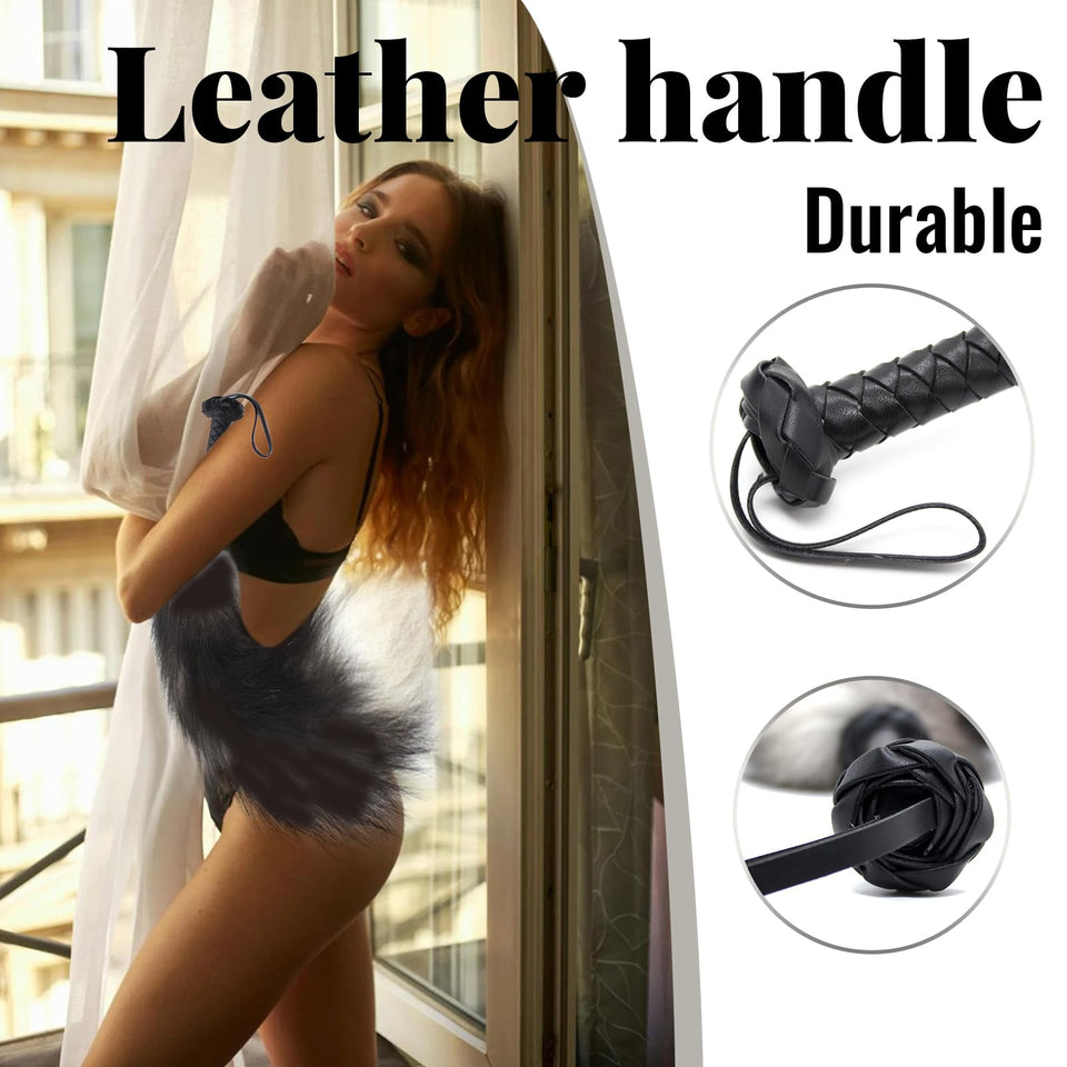 Kutocesy SM Tail Whip Black White Shaggy Couples Leather Whips and Paddle for Adults Sex Play Bedroom Feather Tickler Women