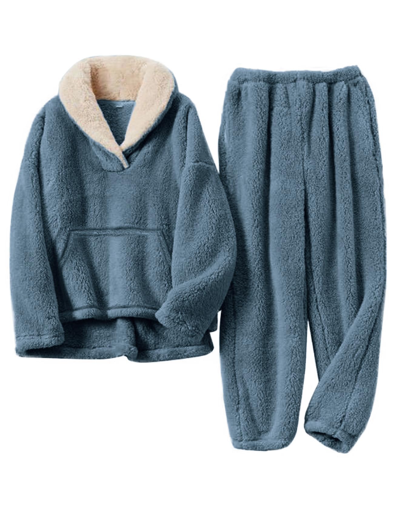 Flygo Women Fuzzy Warm Fleece Pajamas Sets Winter Flannel Sleepwear Fluffy Pajama Lounge Pants Set(Navy-kangaroo-M)