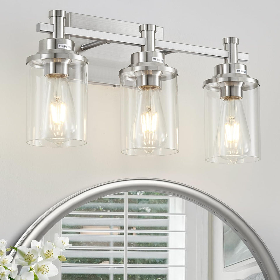 Aixialin Bathroom Light Fixtures Brushed Nickel, 3-Light Vanity Lights With Clear Glass Shade, Modern Bathroom Vanity Light Over
