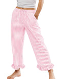 Flygo Womens Striped Lounge Pants Y2K Long Cotton Ruffle Boxer Bottoms Comfy Drawstring Elastic Waist Pj Pants with Pockets(Pink