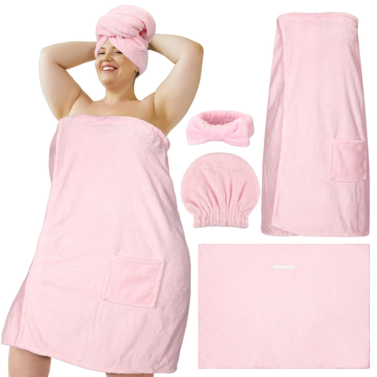 Tigeen Plus Size Towel Wrap for Women Spa Robe Set with Shower Hair Drying Turban Cap Towel Headband Adjustable Bathrobe(Pink,Xx