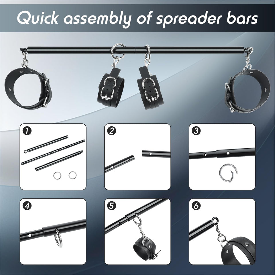 Spreader Bar Bondage Restraints BDSM Kit Couples Sex Toys, Adult Sex Toy with 4 Adjustable Cuffs, Whip & Blindfold, Bondage Gear