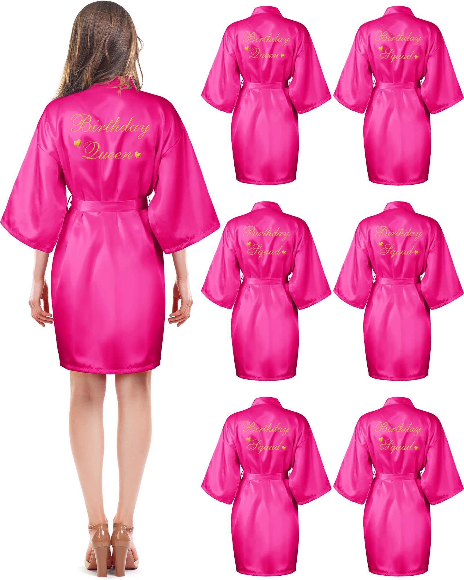 Xuhal 6 Pcs Womens Birthday Squad Robes Birthday Party Queen Spa Bathrobe Kimono Spa Robe Sleepover Party Robes Silky Gown (Ros