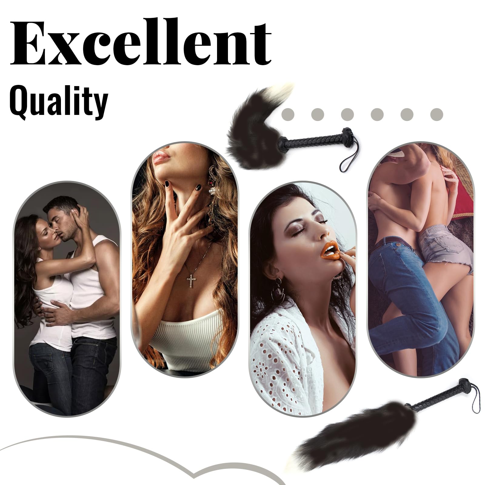 Kutocesy SM Tail Whip Black White Shaggy Couples Leather Whips and Paddle for Adults Sex Play Bedroom Feather Tickler Women