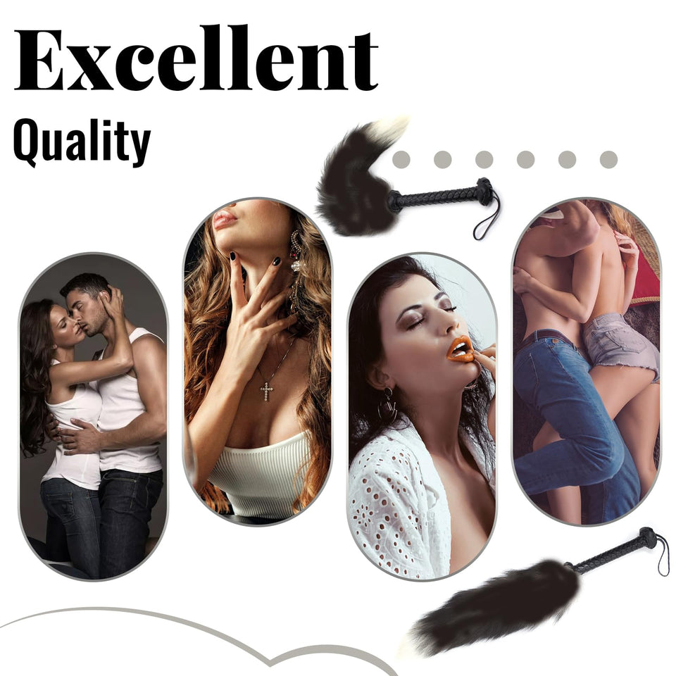 Kutocesy SM Tail Whip Black White Shaggy Couples Leather Whips and Paddle for Adults Sex Play Bedroom Feather Tickler Women