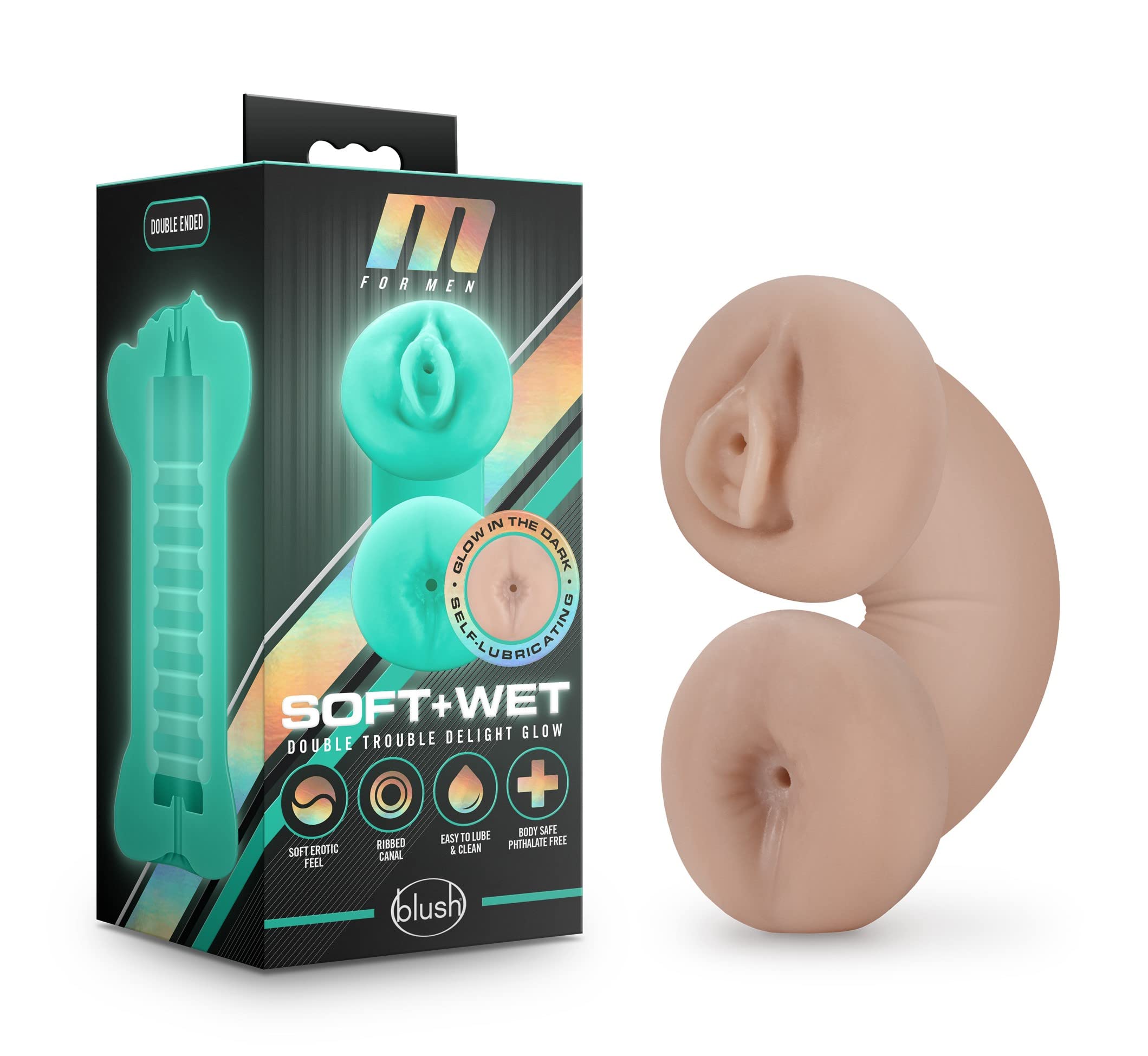 Blush 5.25 M for Men Soft & Wet Male Masturbator, Glow in The Dark 2-Way Realistic Anal & Vagina Open-Ended Self-Lubricating Poc