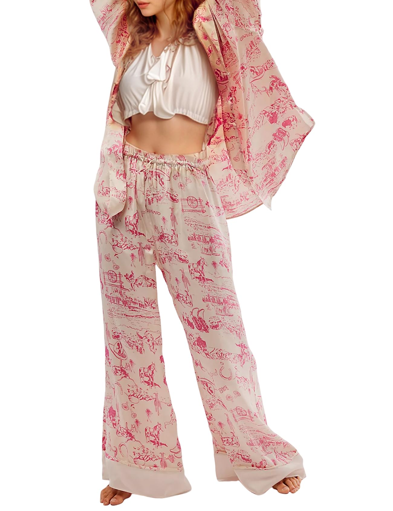 Yimoon Womens Satin Pajama Set Floral Silk Pajamas 2 Piece Cute Long Sleeve Button Down Pjs Sleepwear Lounge Set(Apricot-S)