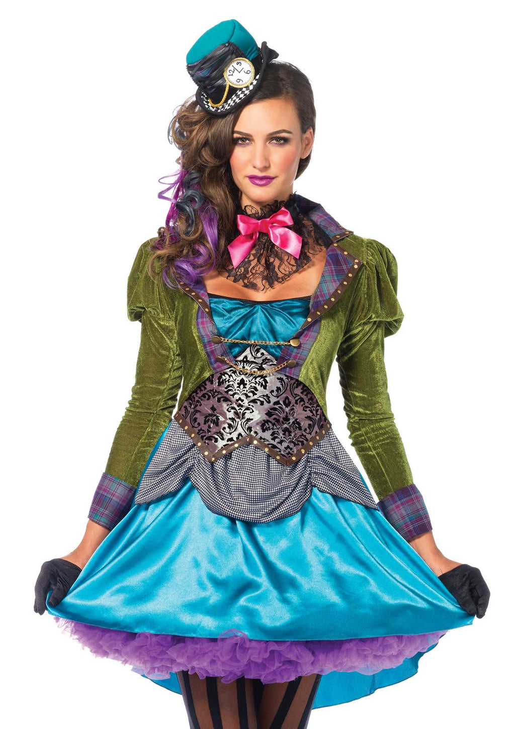 Leg Avenue 3 Piece Deluxe Mad Hatter Set-Sexy Velvet Coat Dress and Mini Top Hat Halloween Costume for Women, Multi, Medium