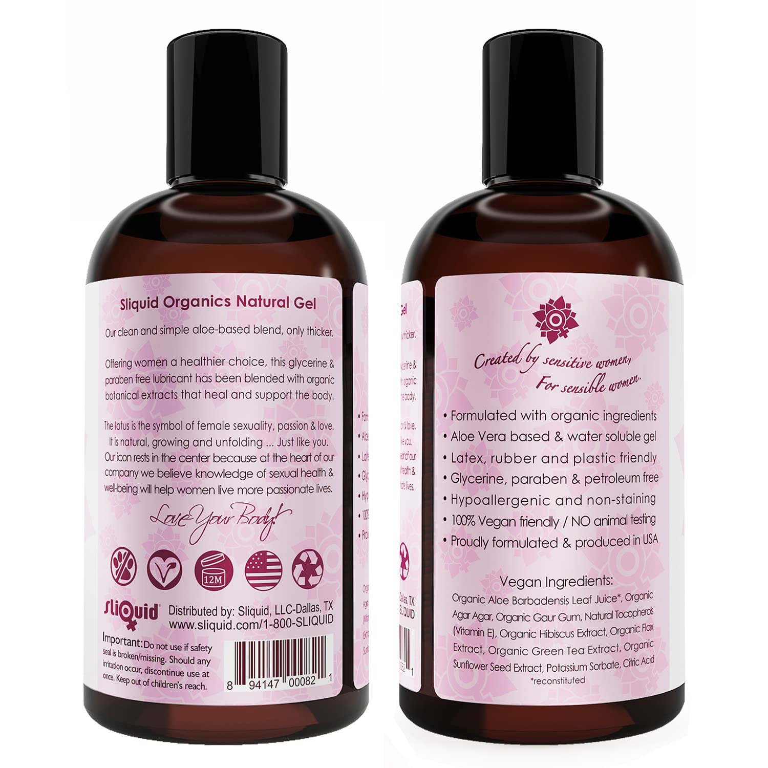 Sliquid Organics Water-Based Lube - Aloe Vera Leaf Infused with Organic Oils & Botanicals, Natural Lubricating Gel for Women/Men