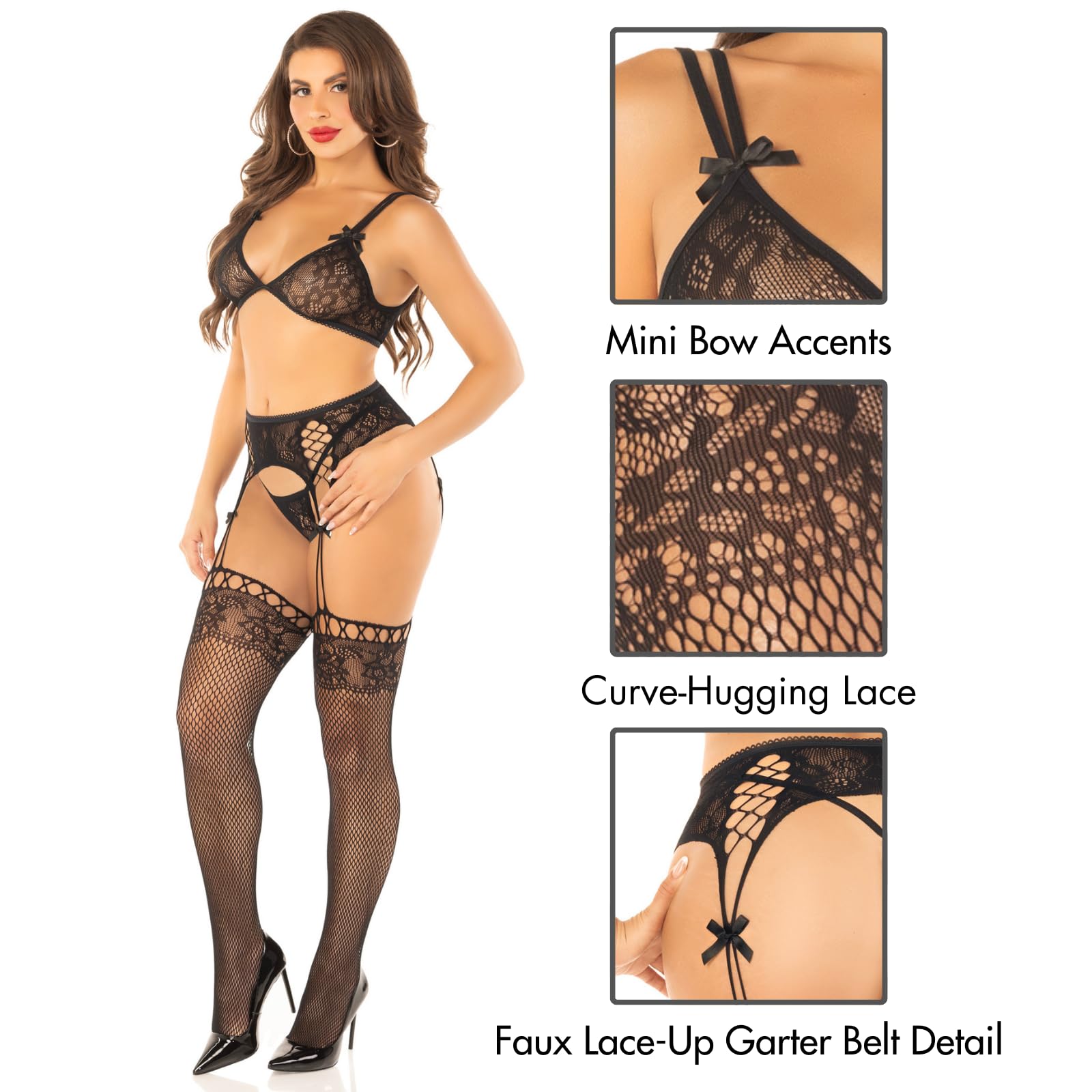 3 PC Lace Bra Top with Dual Strap Detail, G-String Panty, and Lace Top Garter Belt Stockings