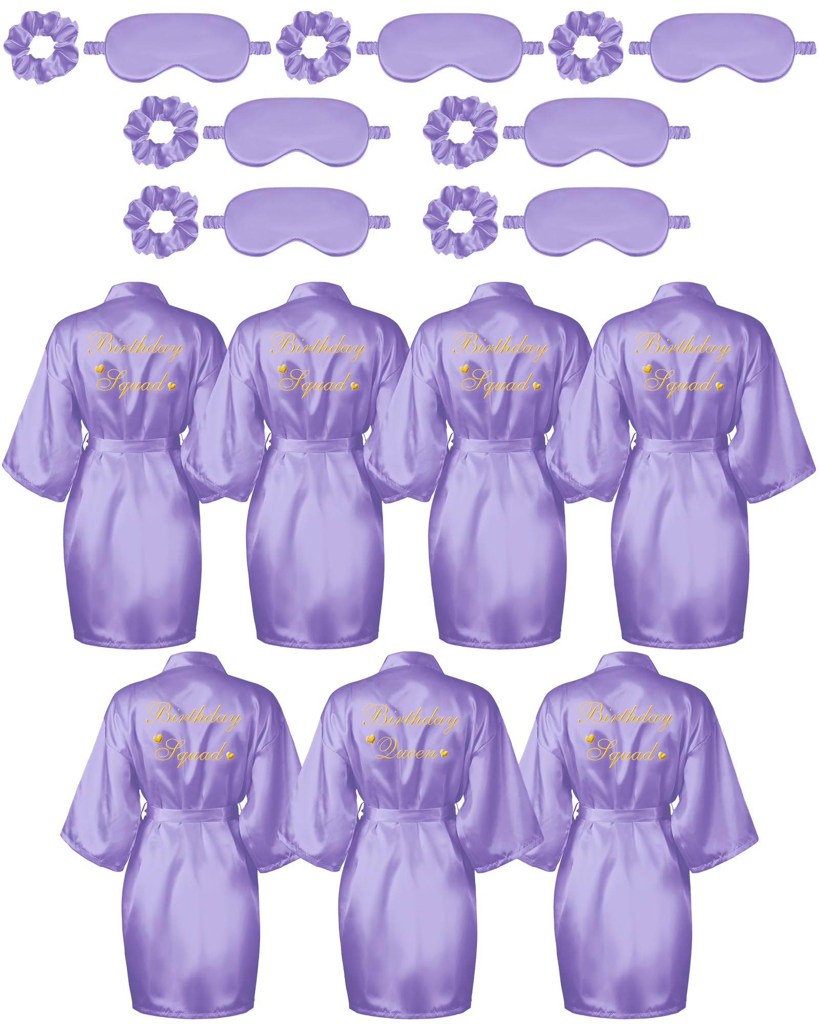 Neer 21 Pcs Women Birthday Party Robe Set Queen Squad Kimono Satin Bathrobes with Eye Mask and Scrunchie for Birthday(Purple)