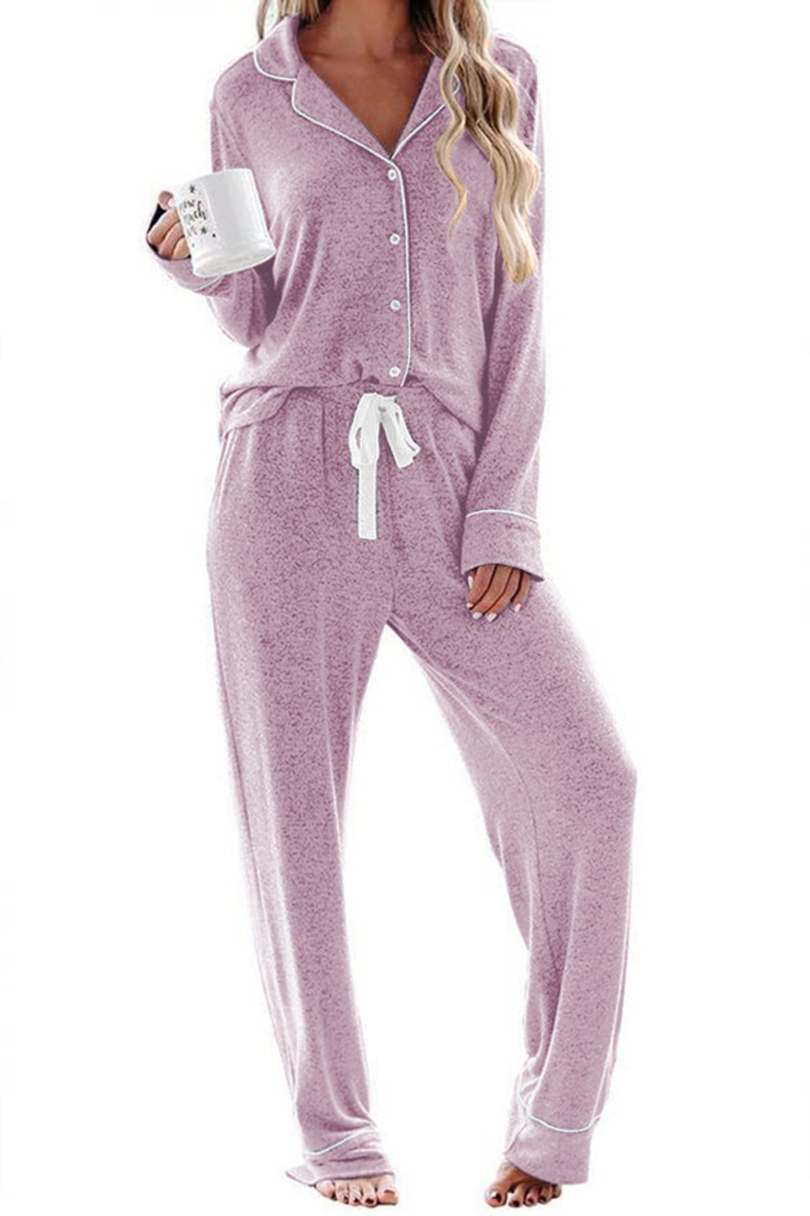 Ekouaer Womens Jersey Knit Pajamas Lightweight Stretch Sleepwear with Pockets Long Sleeve Sleep Set (Pink,L)