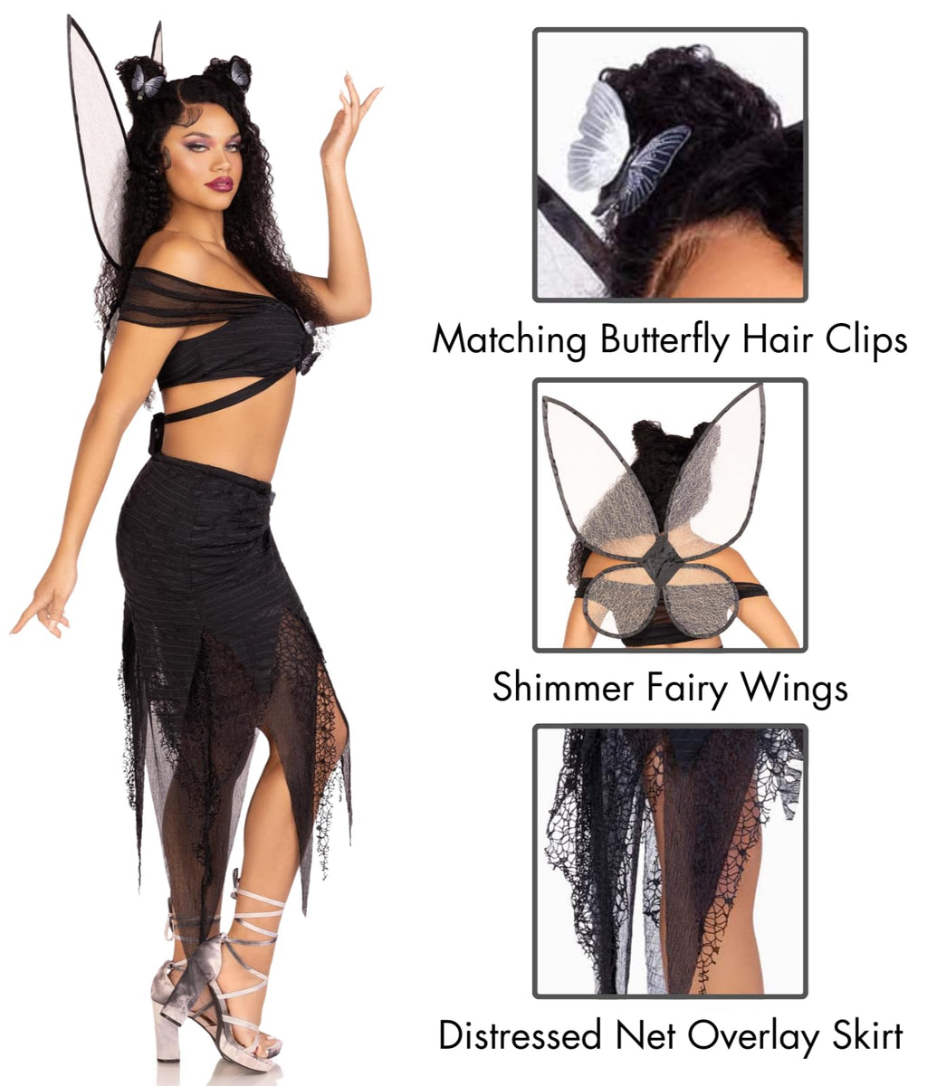 4 Pc Dark Fairy, Includes Wrap Around Crop Top With Butterfly Accents, Asymmetrical Skirt With Distressed Net Overlay, Butterfly