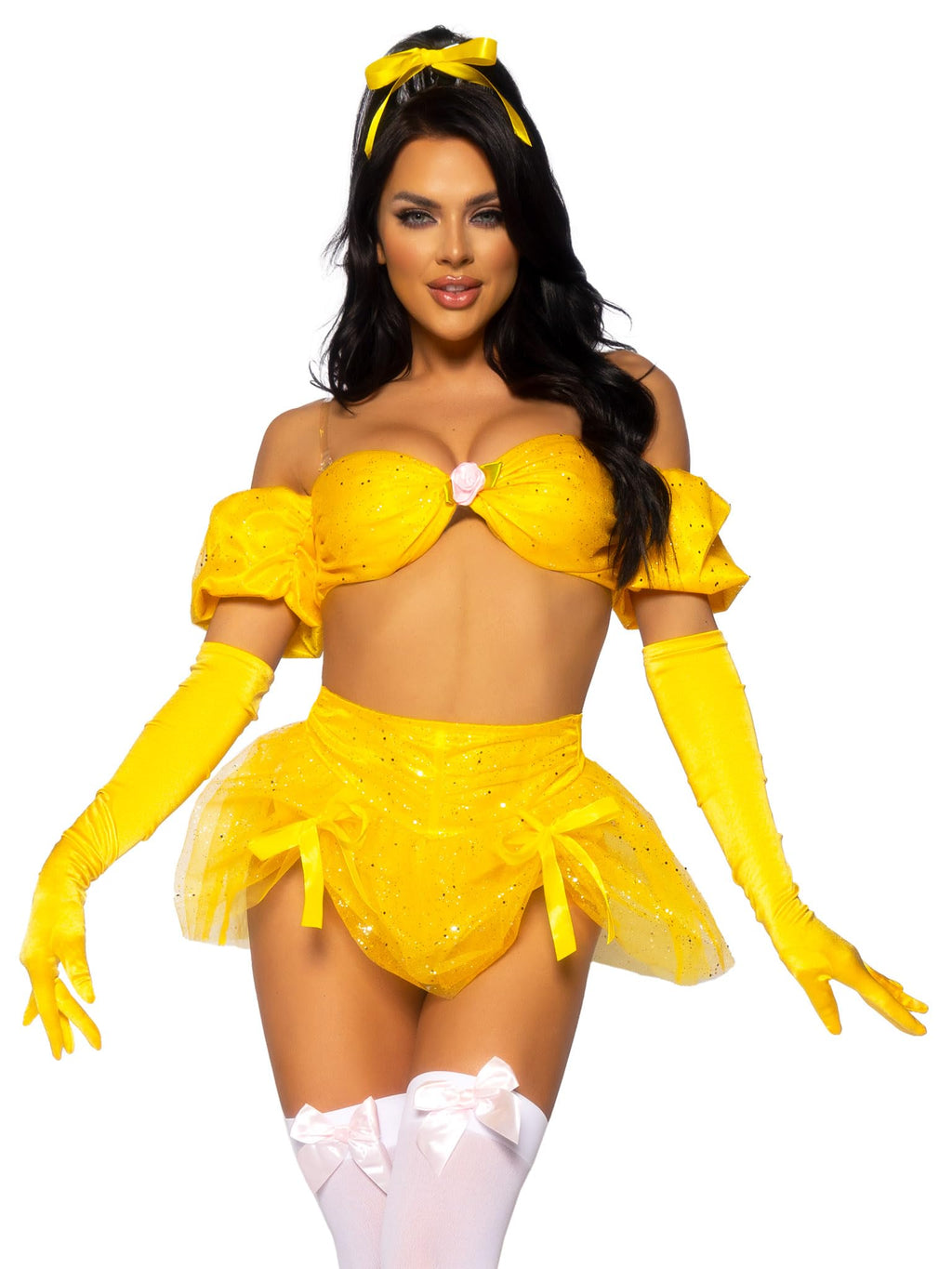 4 Pc Fairytale Beauty, Includes Glitter Shimmer Bra Top With Gathered Rosette Center And Puff Sleeves, High Waist Panty With Rib