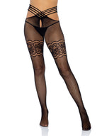 Strappy Wrap Around Crotchless Fishnet Tights With Lace Garter Detail.
