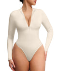 FeelinGirl Womens V-Neck Long Sleeve Tops Basic Body Suits Tummy Control Bodysuit Shirts Creamy White XS/S