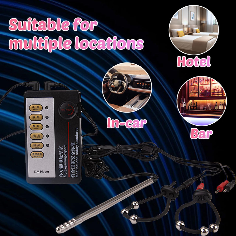 4-Ring Male Masturbation Adjustable Penis Ring with Beads Electric Shock Metal Urethral Plug Male Electric Shock Sex Toy
