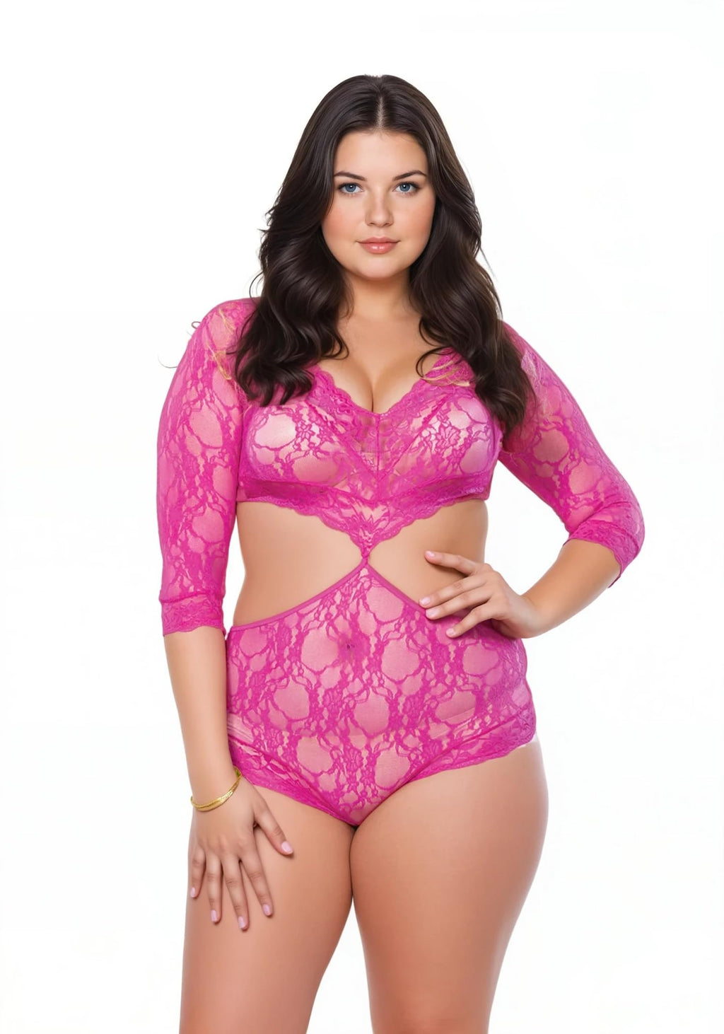 Floral Lace Deep-V Cut Out Teddy With Full Back Panty Plus Si Fuchsia