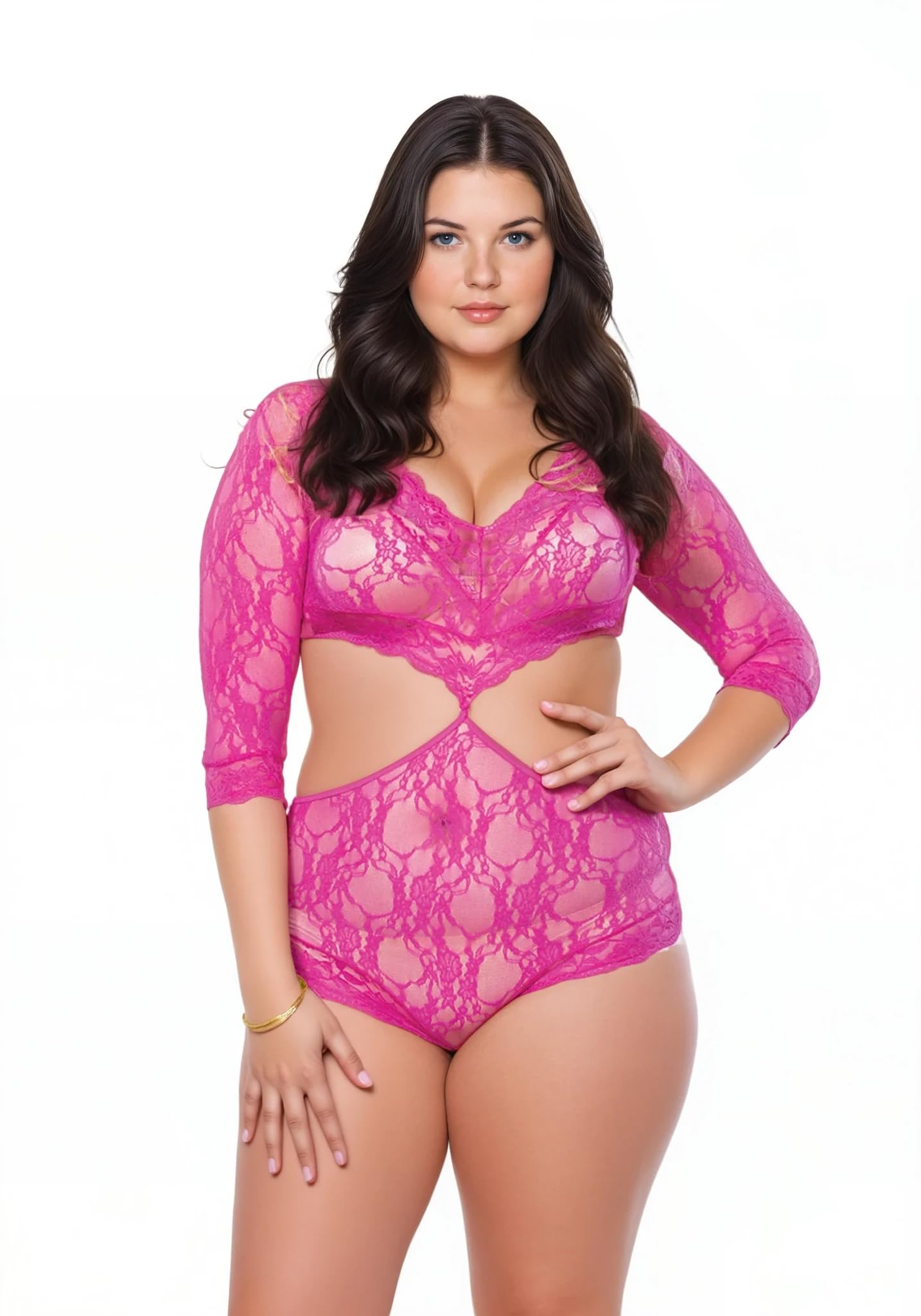 Floral Lace Deep-V Cut Out Teddy With Full Back Panty Plus Si Fuchsia