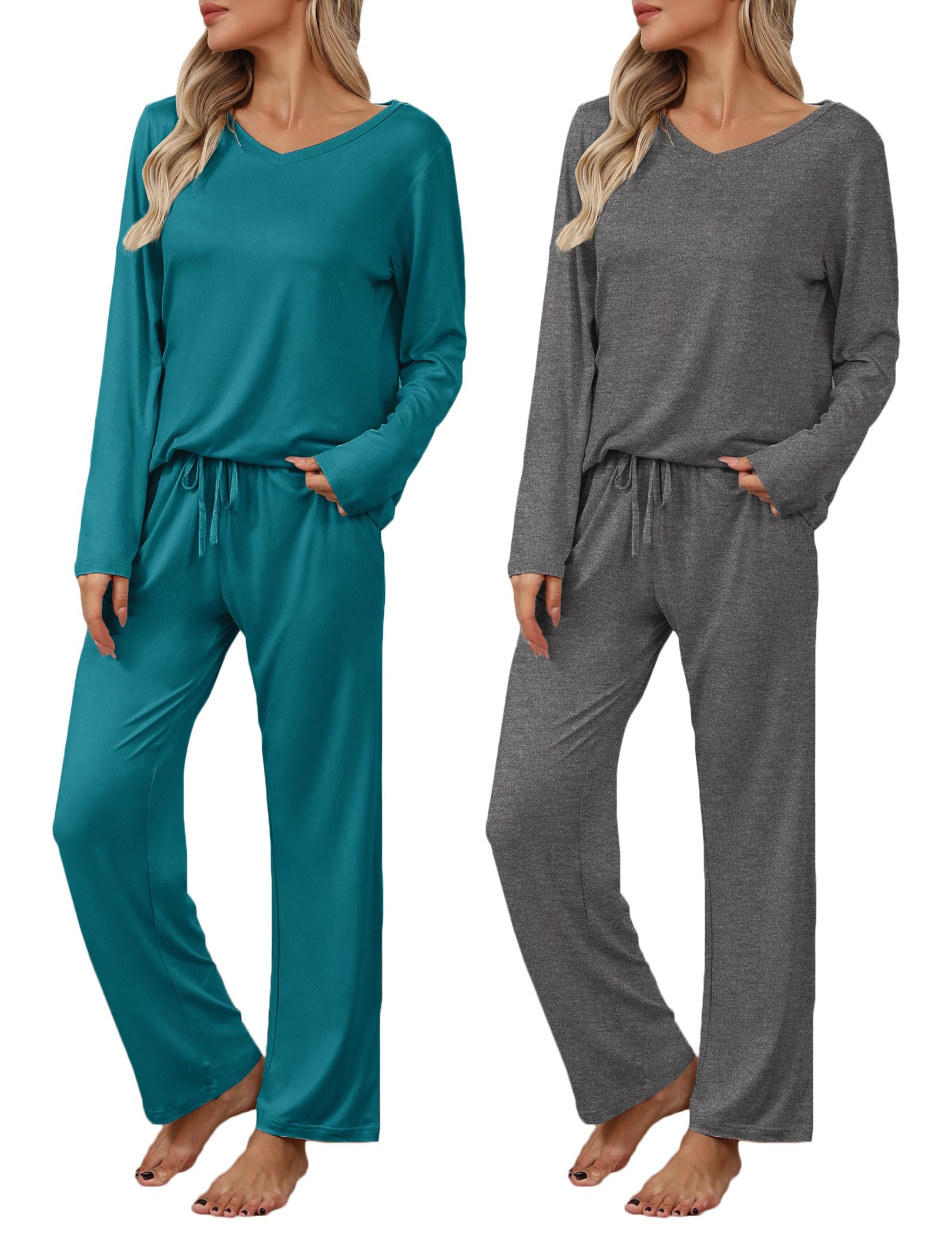 Ekouaer Womens 2 Pack Pajama Set Short & Long Sleeve Pajamas Top and Pants V Neck Pjs Set Soft Loungewear with Pockets Dark Gray