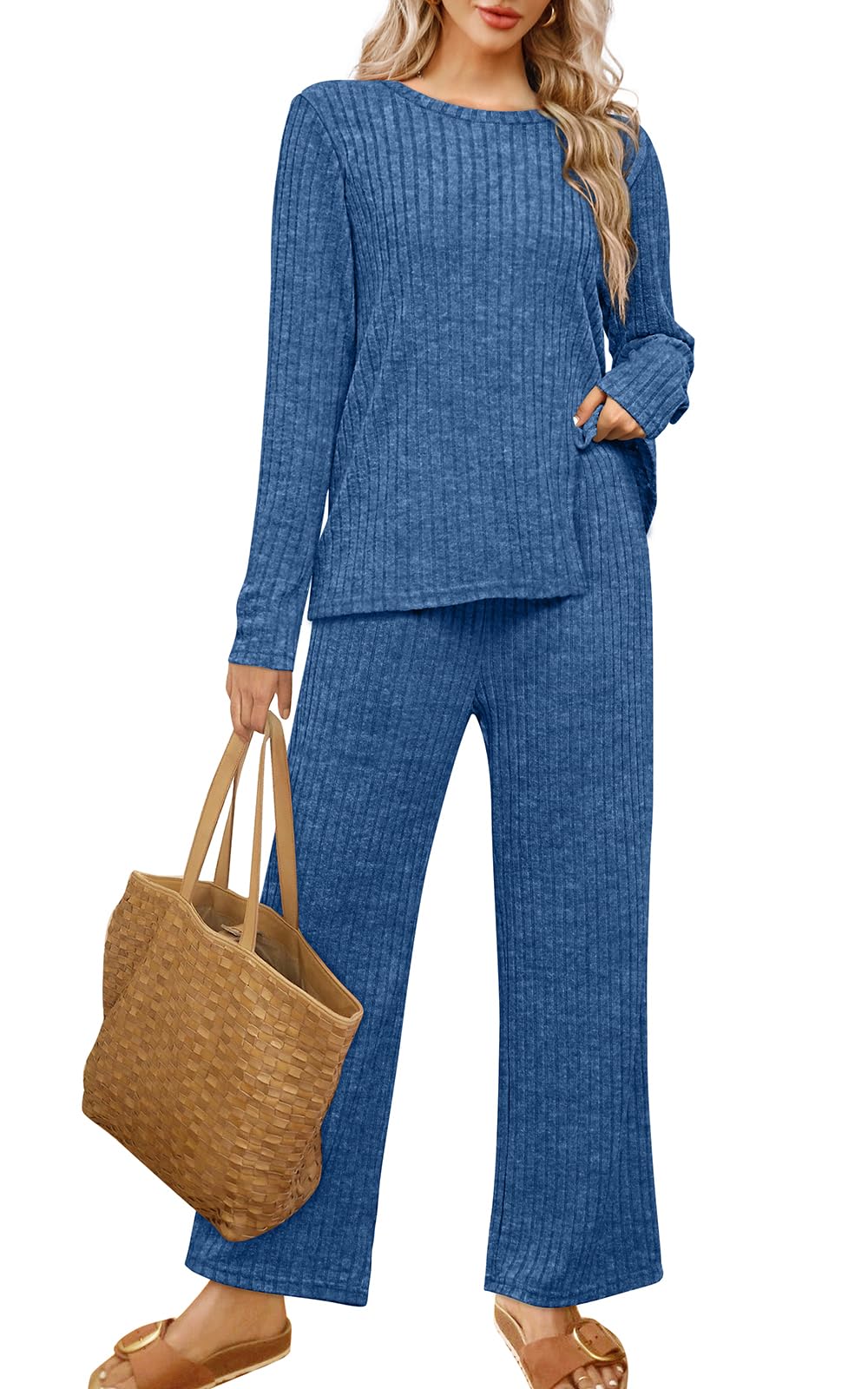 WIHOLL Lounge Sets for Women Sets 2 Piece Outfits 2026 Trendy Fall Loungewear Deep Blue L