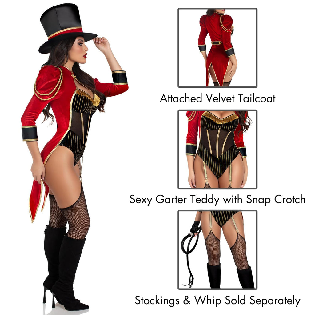 2 PC Ravishing Ringmaster, includes gold trimmed garter teddy with snap crotch and attached velvet tail coat, and top hat.