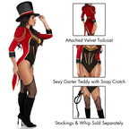 2 PC Ravishing Ringmaster, includes gold trimmed garter teddy with snap crotch and attached velvet tail coat, and top hat.