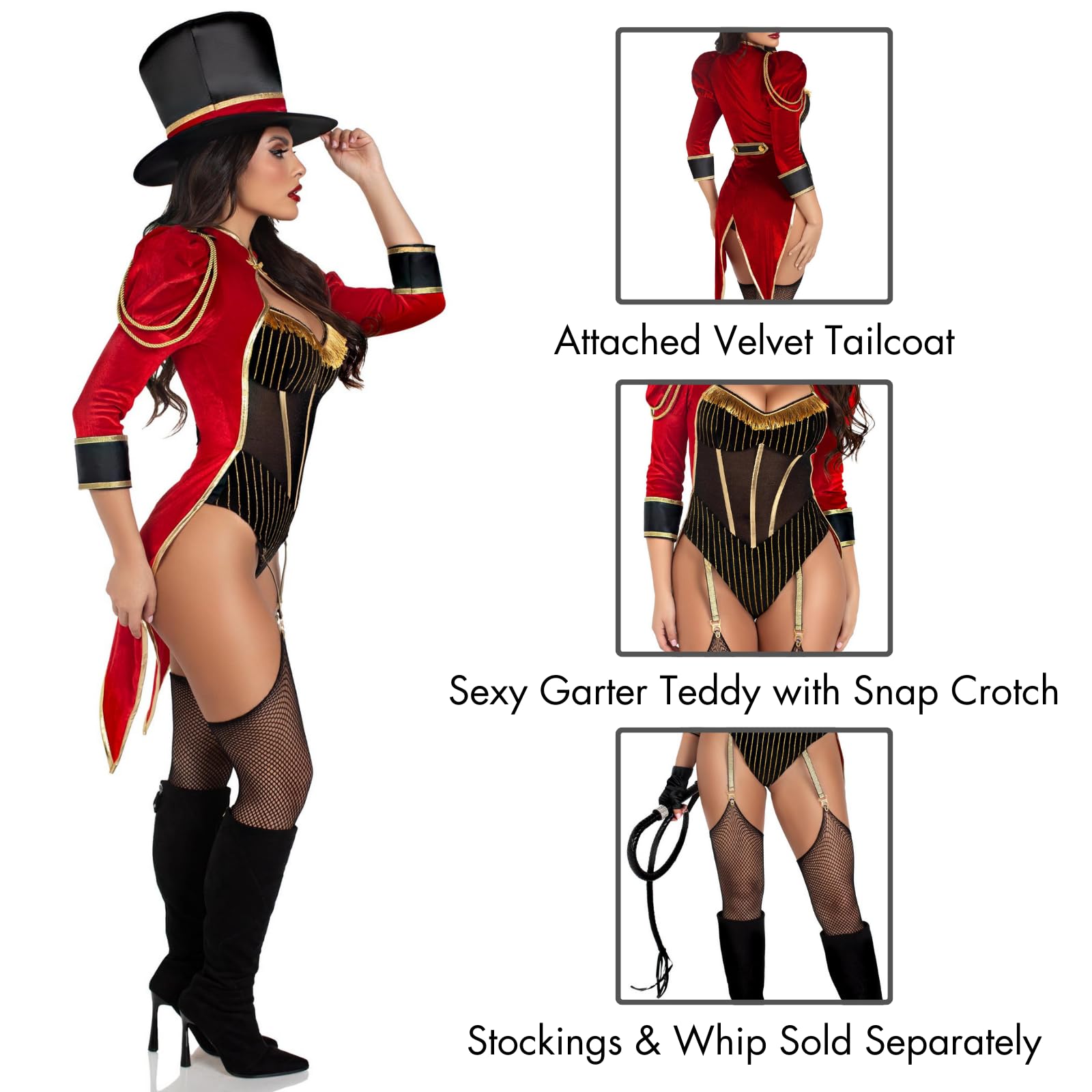 2 PC Ravishing Ringmaster, includes gold trimmed garter teddy with snap crotch and attached velvet tail coat, and top hat.