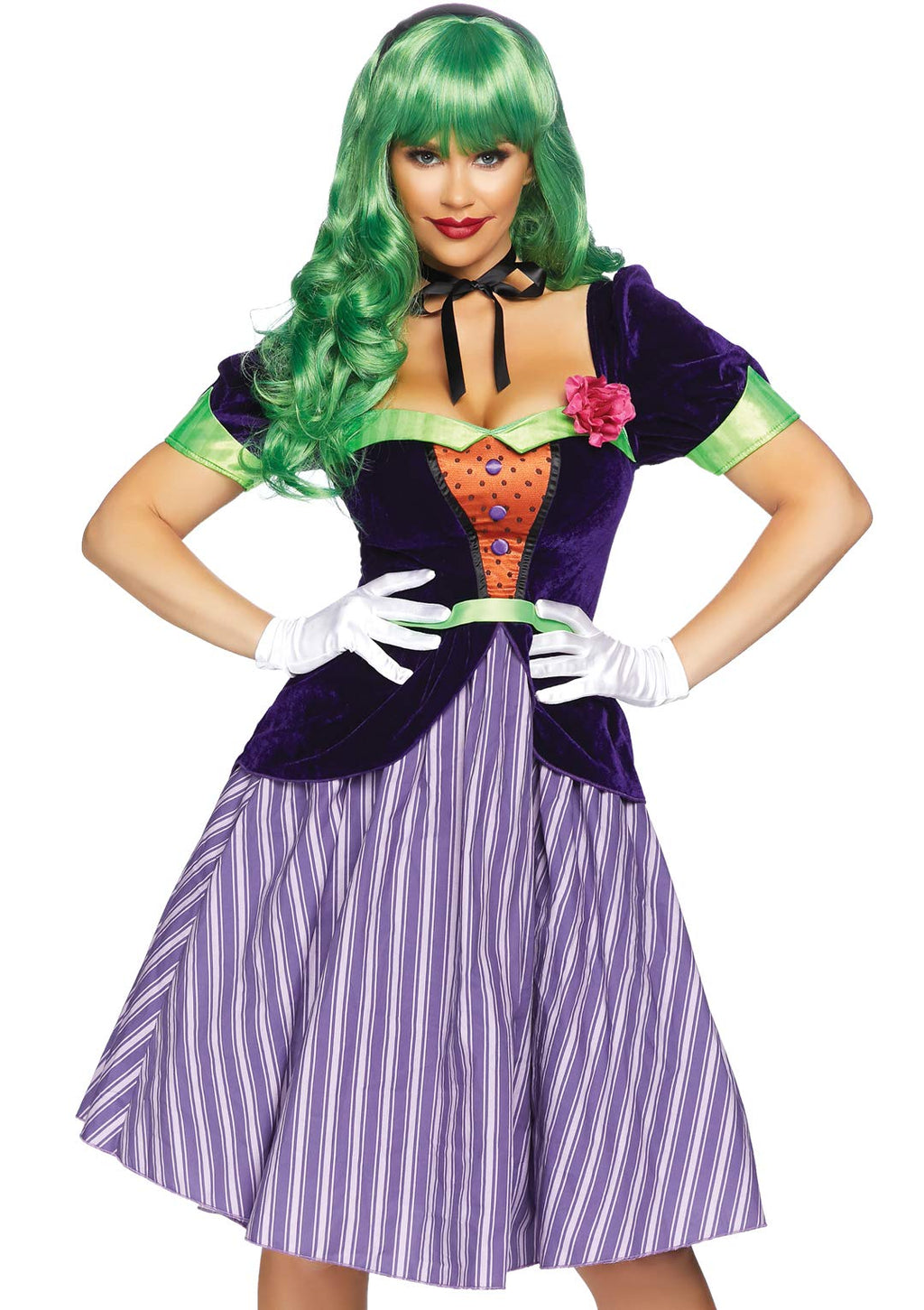 2 Pc Comic Book Baddie, Includes Velvet Coat Dress With Striped Skirt And Lapel Flower, Attached Ribbon Sash, And Ribbon Neck Ti