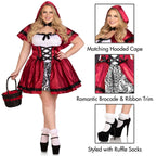 Plus Size 2 Pc Gothic Red Riding Hood Costume, Includes Satin And Brocade Peasant Dress With Woven Ribbon Venice Lace Trim And H