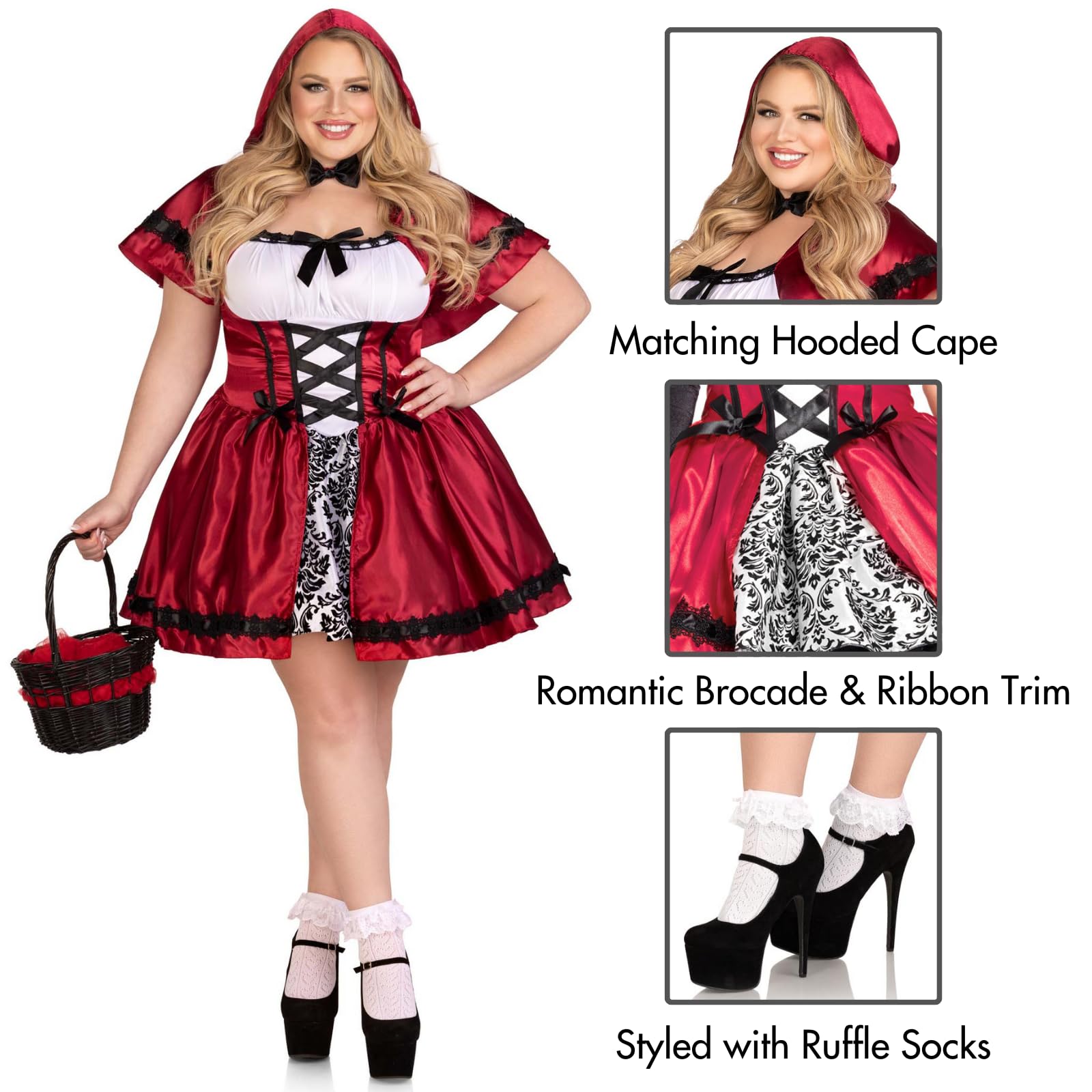 Plus Size 2 Pc Gothic Red Riding Hood Costume, Includes Satin And Brocade Peasant Dress With Woven Ribbon Venice Lace Trim And H