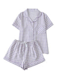 Verdusa Womens Plaid 2 Piece Cute Pajama Sets Short Sleeve Button Down Shirts with Shorts Loungewear Purple Small
