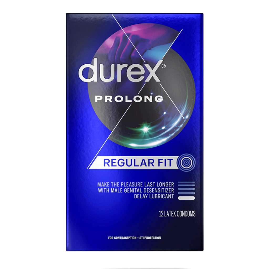 Durex Condom Prolong Natural Latex Condoms 12 Count - Ultra Fine Ribbed And Dotted With Delay Lubricant Regular Fit