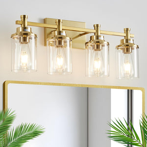 Aixialin 4 Light Brushed Brass Bathroom Vanity Light Over Mirror, Gold Bathroom Light Fixtures, Vintage Wall Sconce With Clear G