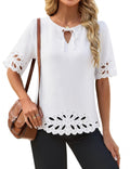 Blooming Jelly Womens Summer Casual Blouse V Neck Short Sleeve Tops Petal Hollow Work Shirt (White,M)