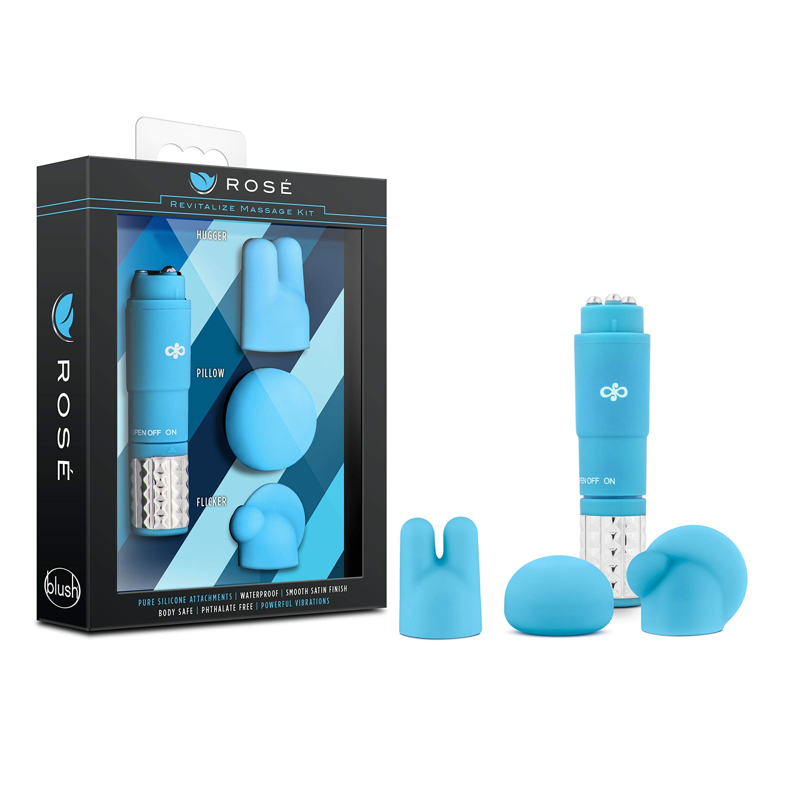 Blush Novelties Rose Revitalize Massage Kit - Massager, External Massager Vibrator - 3 Ultrasilk Smooth Puria Silicone Attachmen