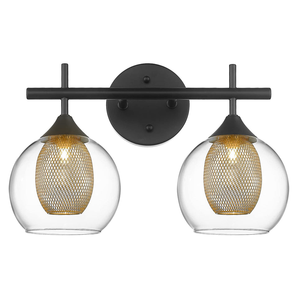Audickic Black And Gold Bathroom Light Fixture, Farmhouse Wall Sconce Lighting With Clear Glass And Honeycomb Metal Shade, 2-Lig